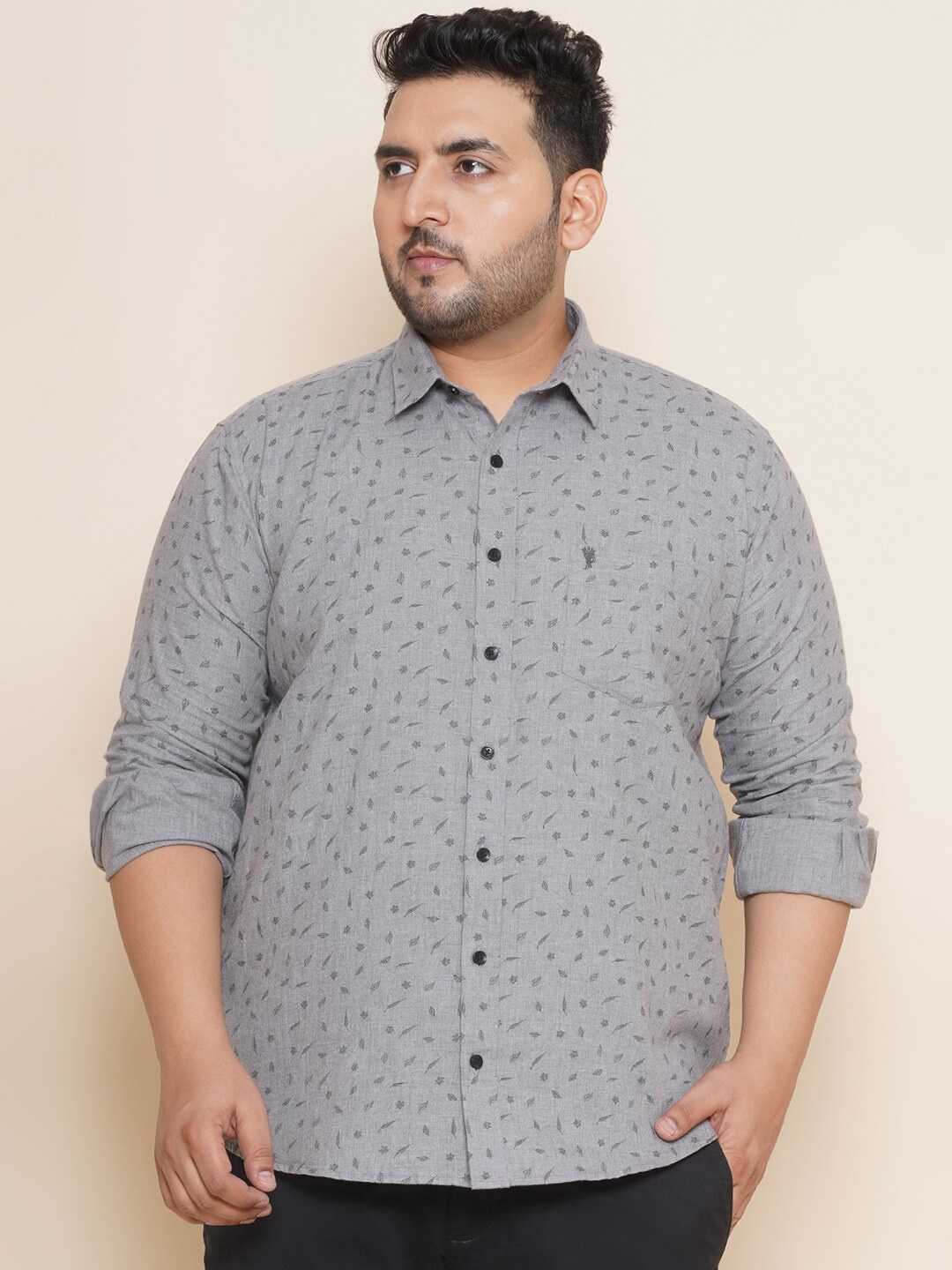 

John Pride Plus Size Floral Printed Spread Collar Pure Cotton Casual Shirt, Grey