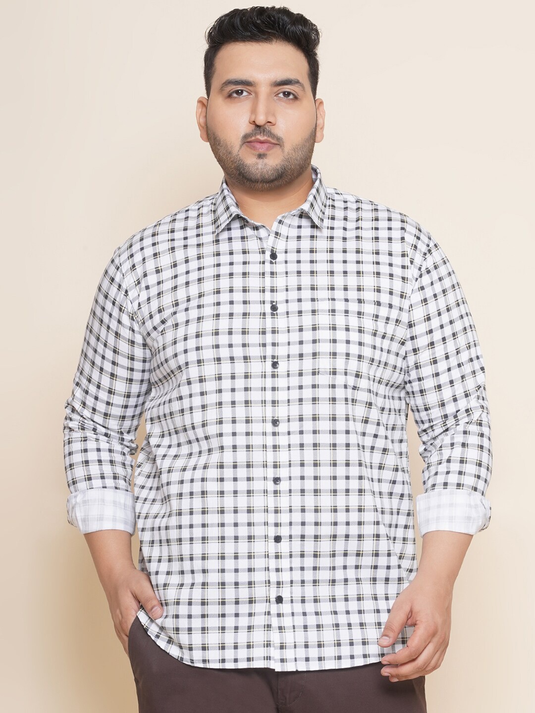 

John Pride Plus Size Gingham Checks Checked Spread Collar Pure Cotton Casual Shirt, White