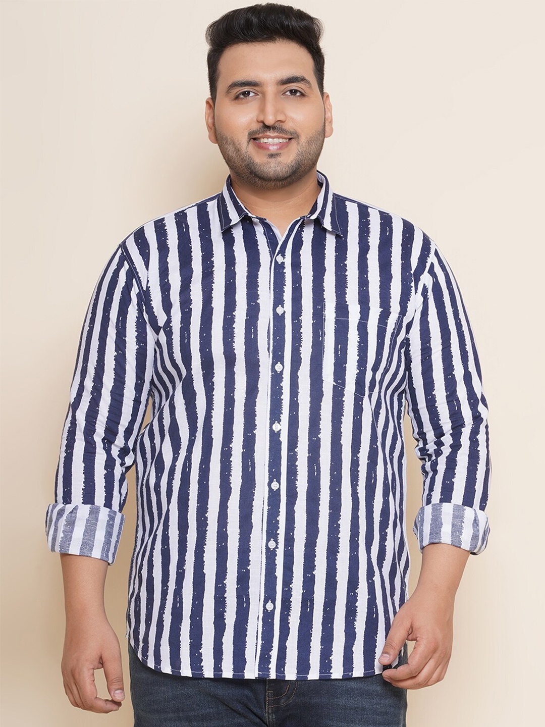 

John Pride Plus Size Vertical Striped Spread Collar Pure Cotton Casual Shirt, Navy blue