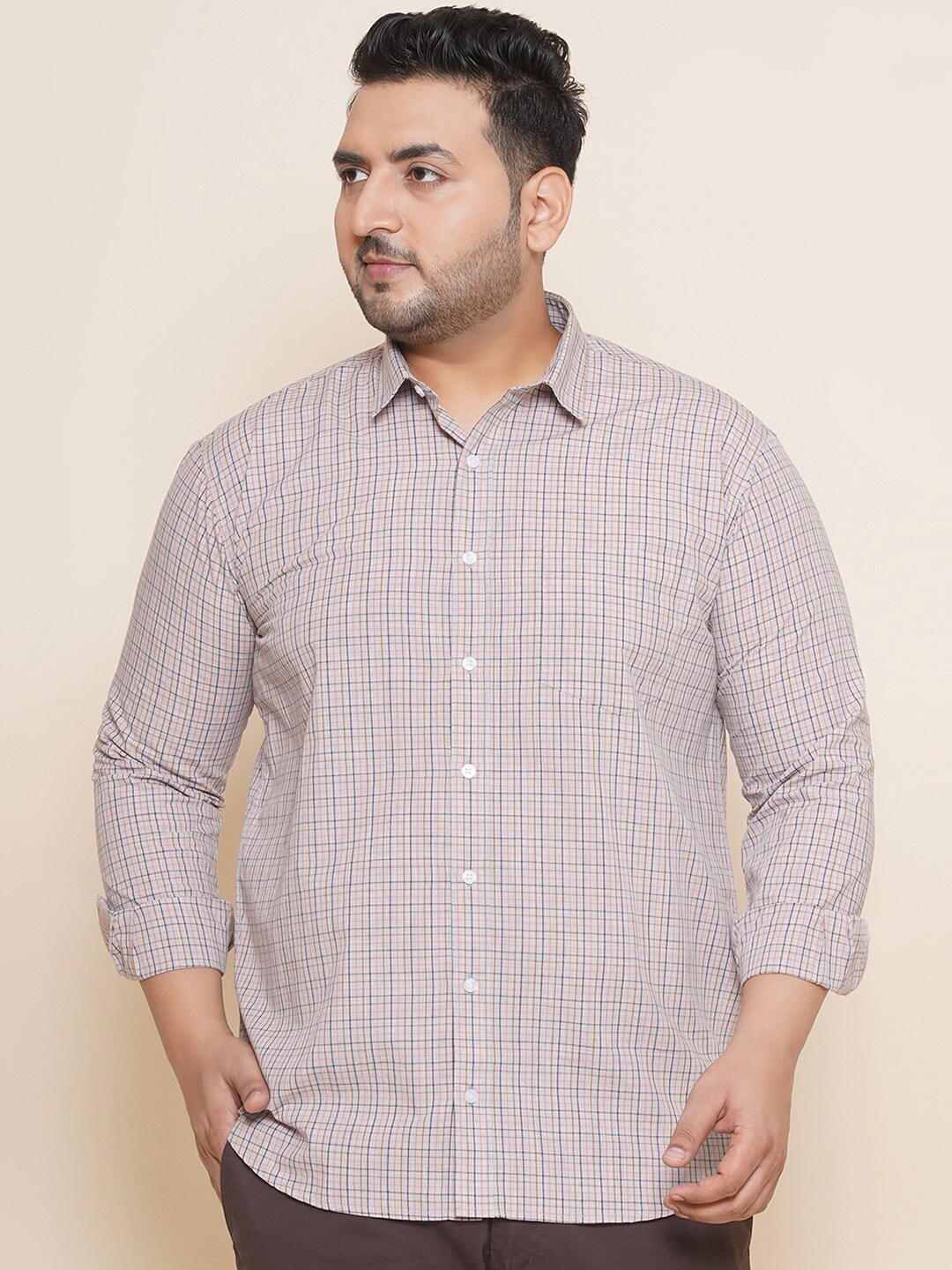 

John Pride Plus Size Checked Spread Collar Pure Cotton Casual Shirt, Grey