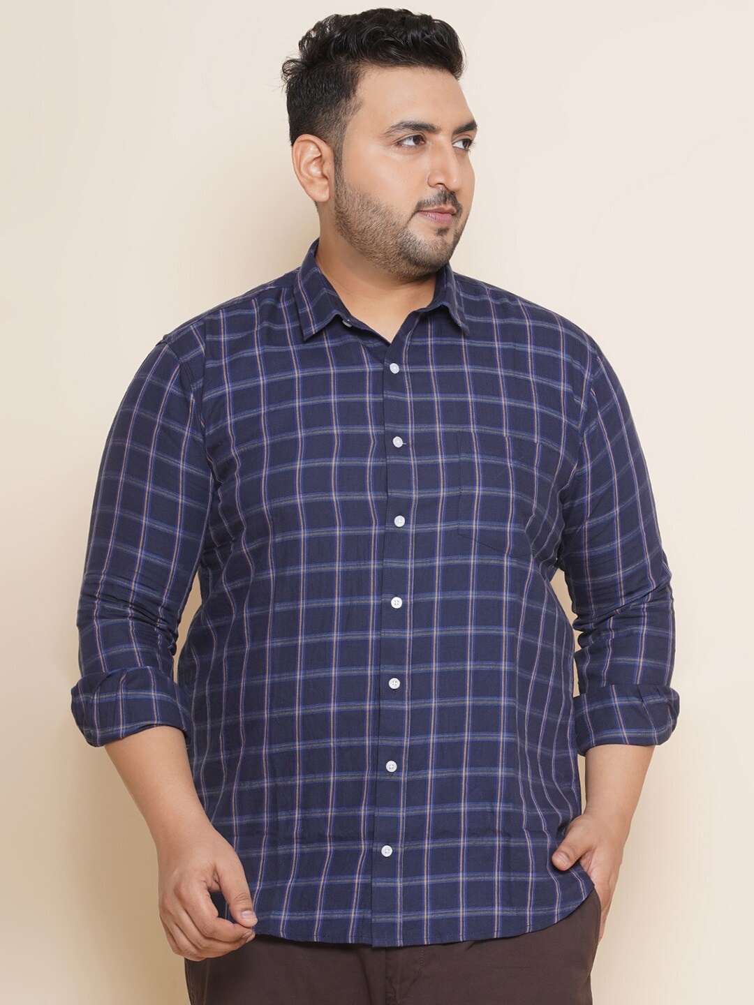 

John Pride Plus Size Windowpane Checks Checked Pure Cotton Casual Shirt, Navy blue