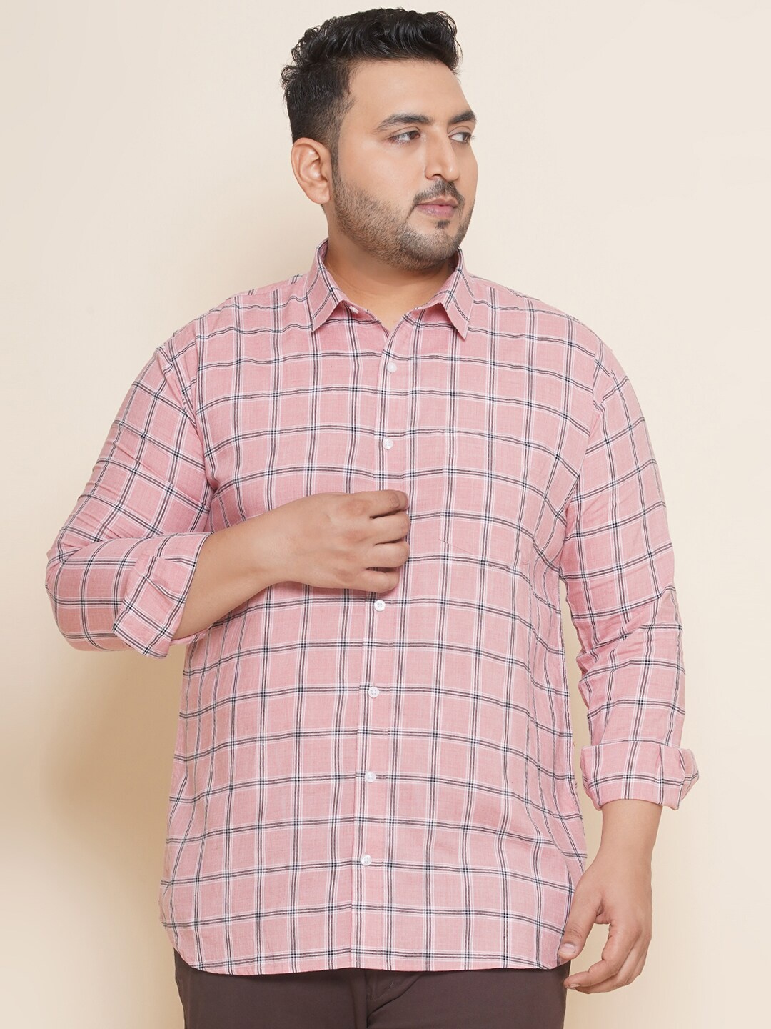 

John Pride Plus Size Checked Spread Collar Pure Cotton Casual Shirt, Pink