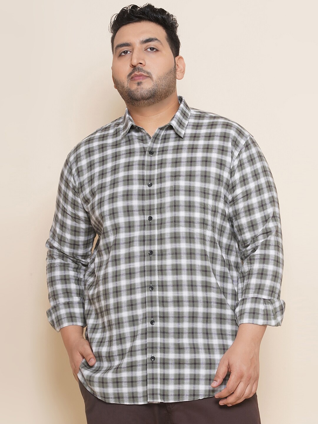 

John Pride Plus Size Tartan Checks Checked Pure Cotton Casual Shirt, Green