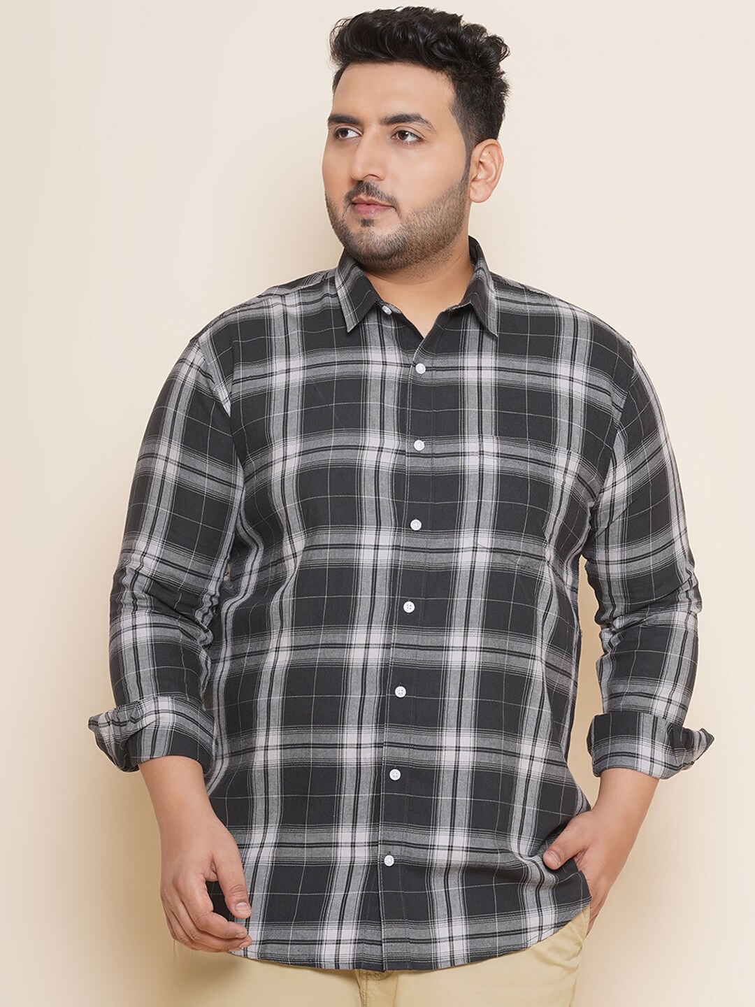 

John Pride Plus Size Tartan Checks Checked Pure Cotton Casual Shirt, Black