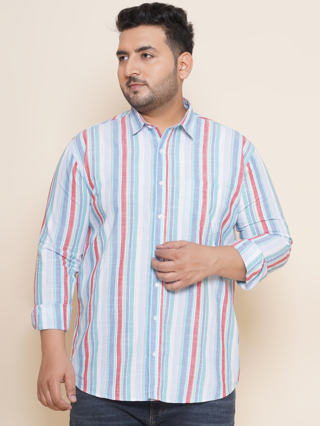 

John Pride Plus Size Spread Collar Striped Regular Fit Opaque Cotton Casual Shirt, Blue