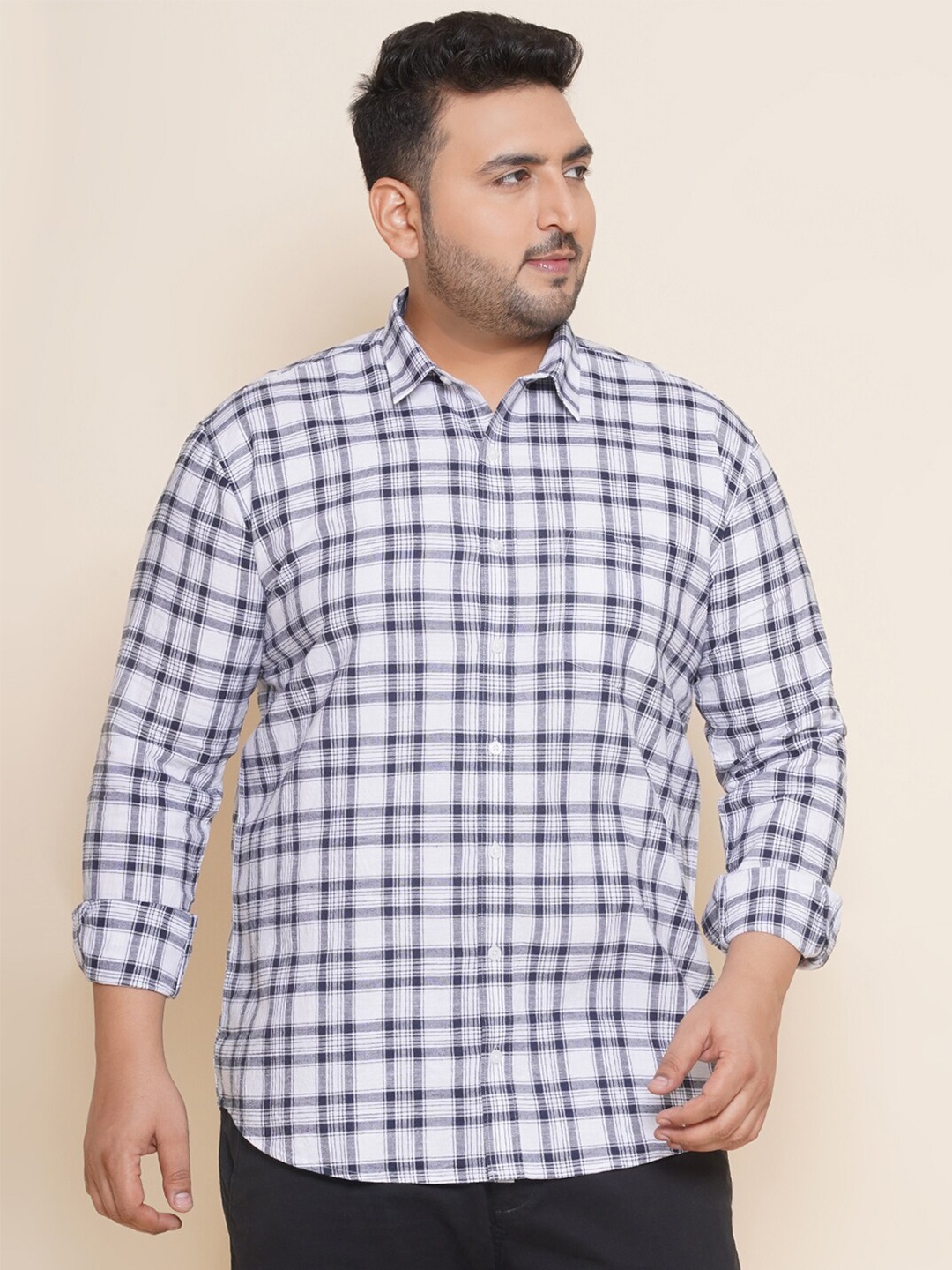 

John Pride Plus Size Tartan Checked Regular Fit Opaque Cotton Casual Shirt, White