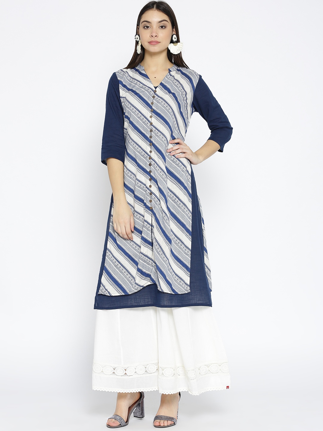 

RANGMANCH BY PANTALOONS Women Blue & Off-White Printed A-Line Kurta