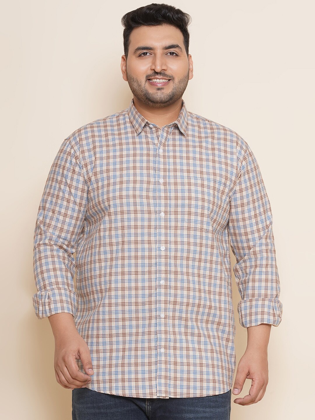 

John Pride Plus Size Tartan Checked Regular Fit Opaque Cotton Casual Shirt, Beige