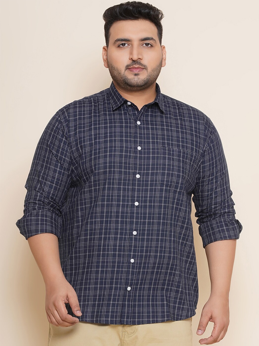 

John Pride Plus Size Grid Tattersall Checked Regular Fit Opaque Cotton Casual Shirt, Navy blue