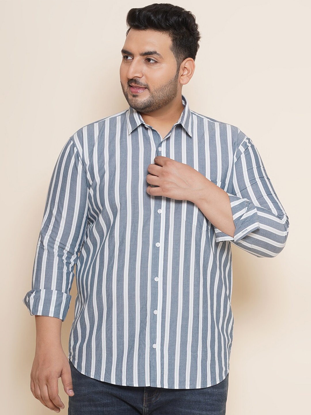 

John Pride Plus Size Vertical Striped Regular Fit Opaque Cotton Casual Shirt, Blue