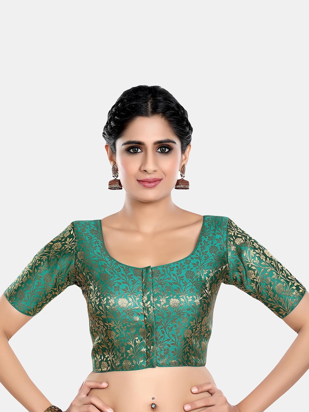 

neckbook Ethnic Motifs Woven Design Readymade Saree Blouse, Green