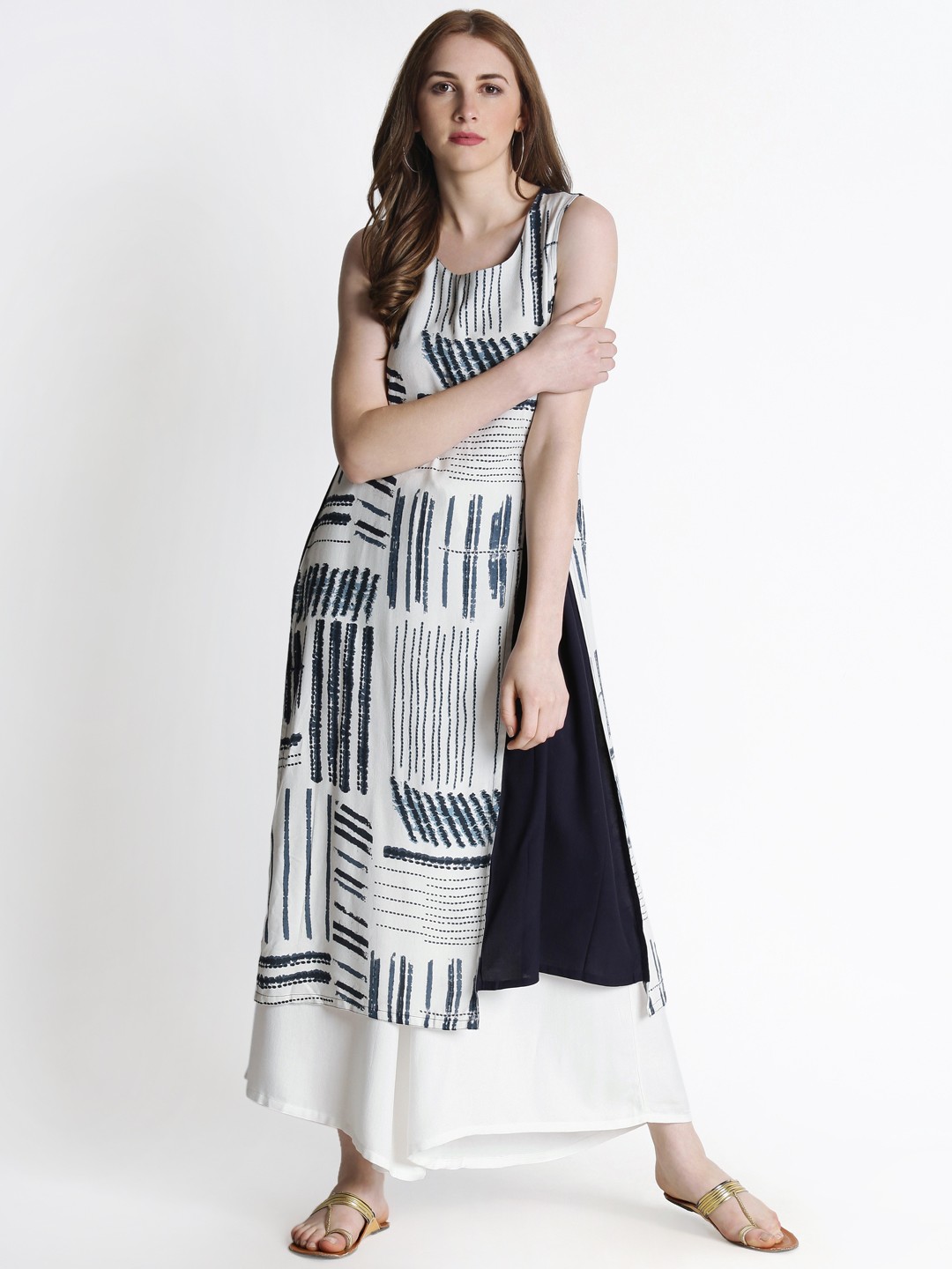

RANGMANCH BY PANTALOONS Women Blue & Off-White Printed A-Line Kurta