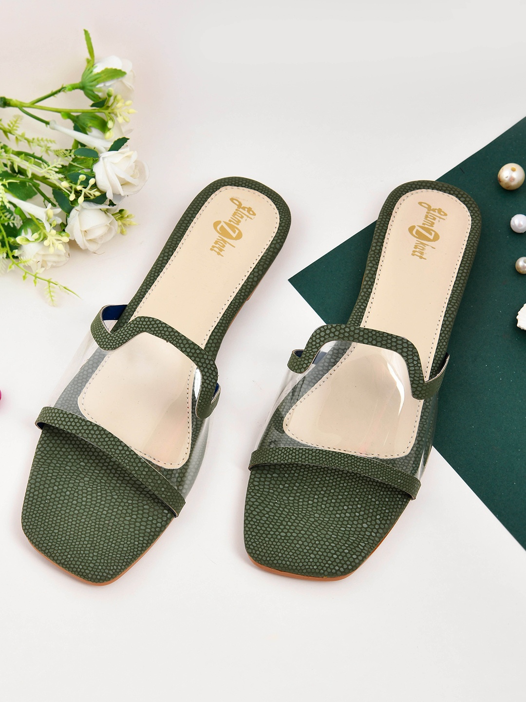 

GLAMZKART Transparent Open Toe Flats, Green