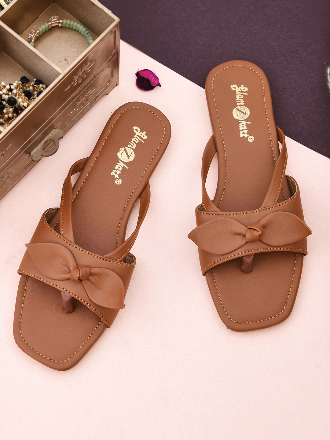 

GLAMZKART Bow Detail Open Toe Flats, Tan