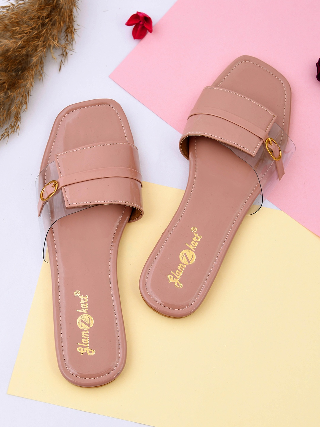 

GLAMZKART Transparent Open Toe Flats with Buckles, Rose gold