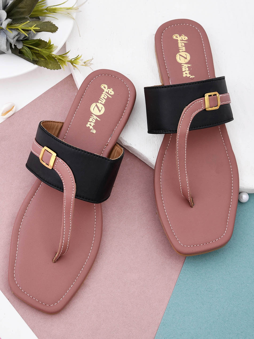 

GLAMZKART Open Toe Flats With Buckles, Rose gold