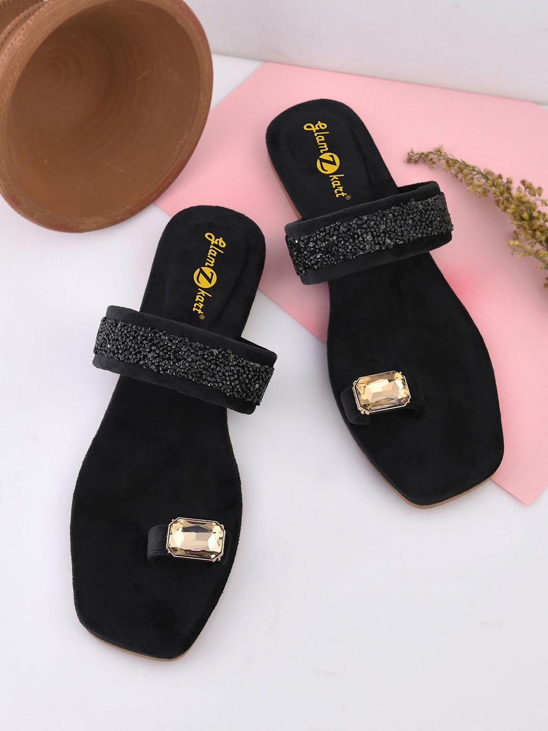 

GLAMZKART Embellished Suede One Toe Flats, Black