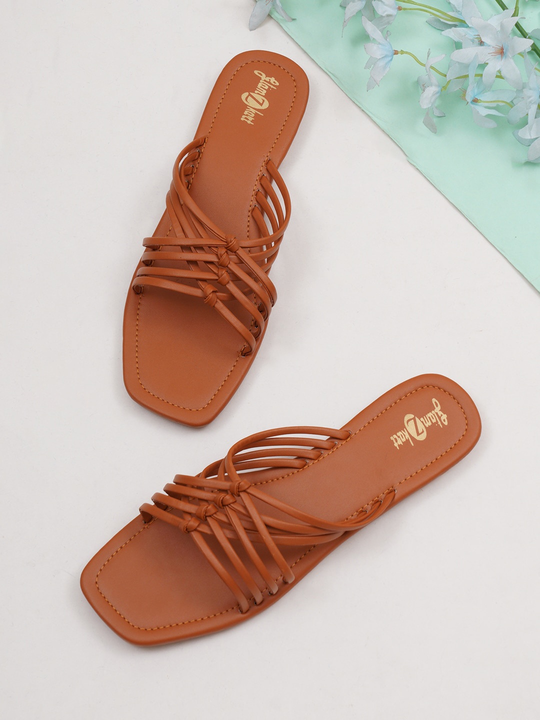 

GLAMZKART Strappy Open Toe Flats, Tan