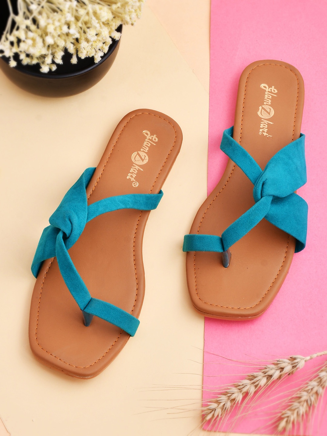 

GLAMZKART Strappy Velvet One Toe Flats, Turquoise blue