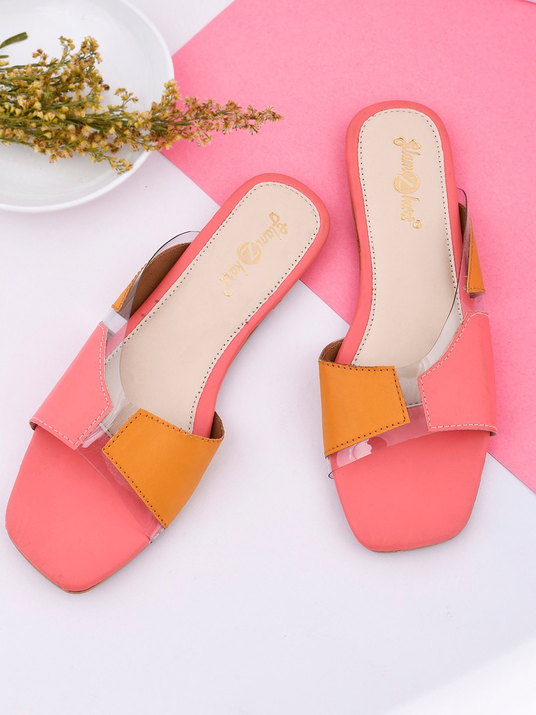

GLAMZKART Colourblocked Open Toe Flats, Pink