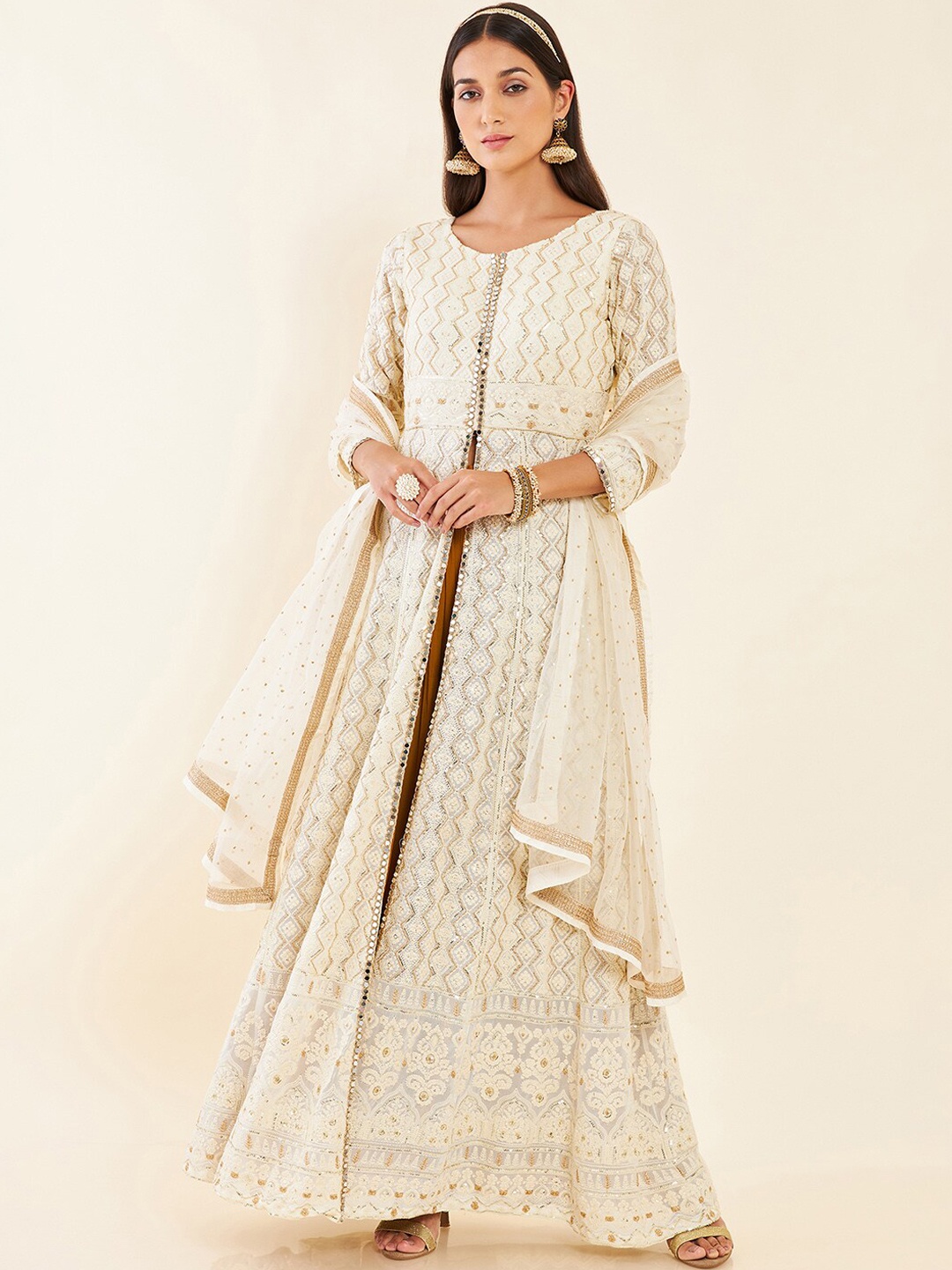 

Soch Cream Ethnic Motifs Embroidered Sequinned Anarkali Kurta & Palazzos with Dupatta