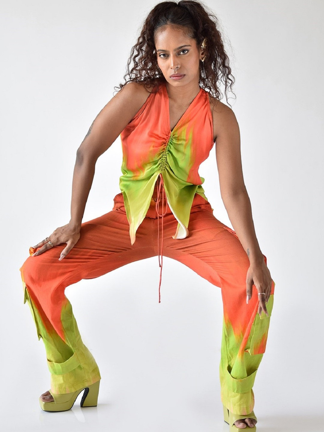 

MISSY Abstract Printed Satin High-Low Top, Orange