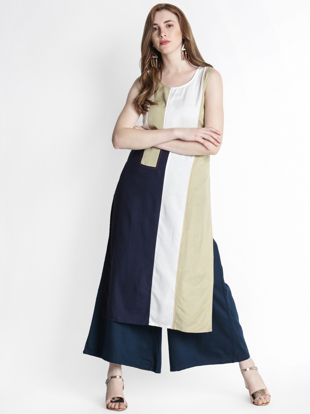 

RANGMANCH BY PANTALOONS Women Off-White & Navy Colourblocked A-Line Kurta