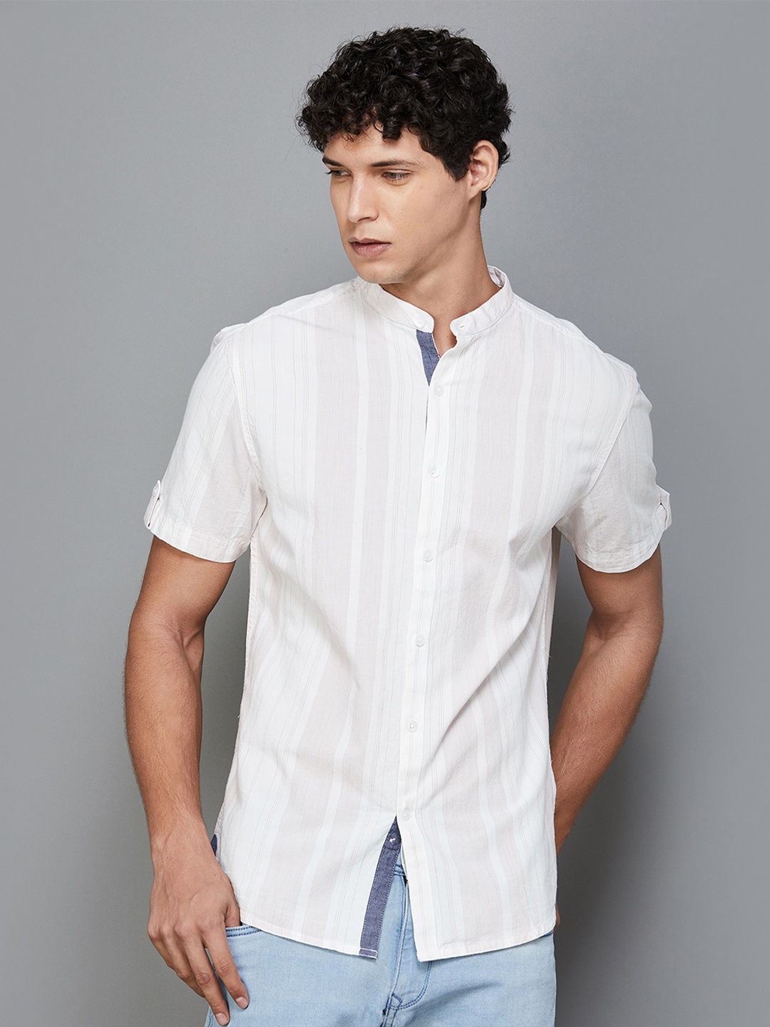 

Melange by Lifestyle Striped Mandarin Collar Opaque Cotton Casual Shirt, White