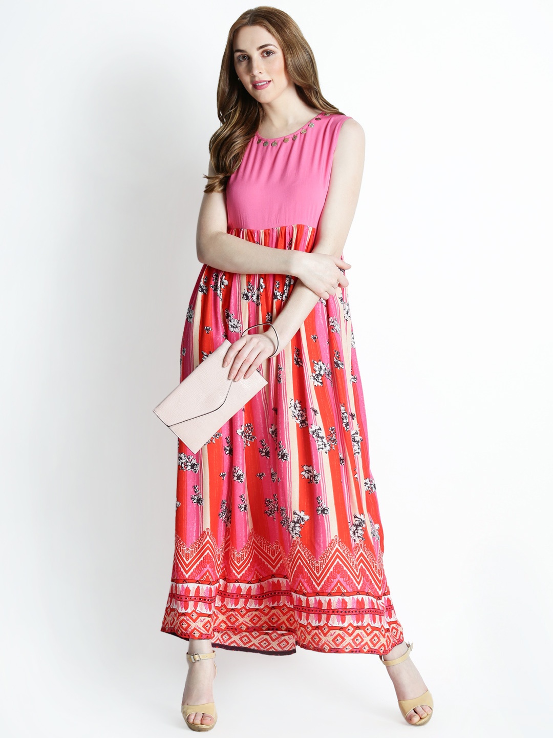 

AKKRITI BY PANTALOONS Women Pink Floral Printed Maxi Dress