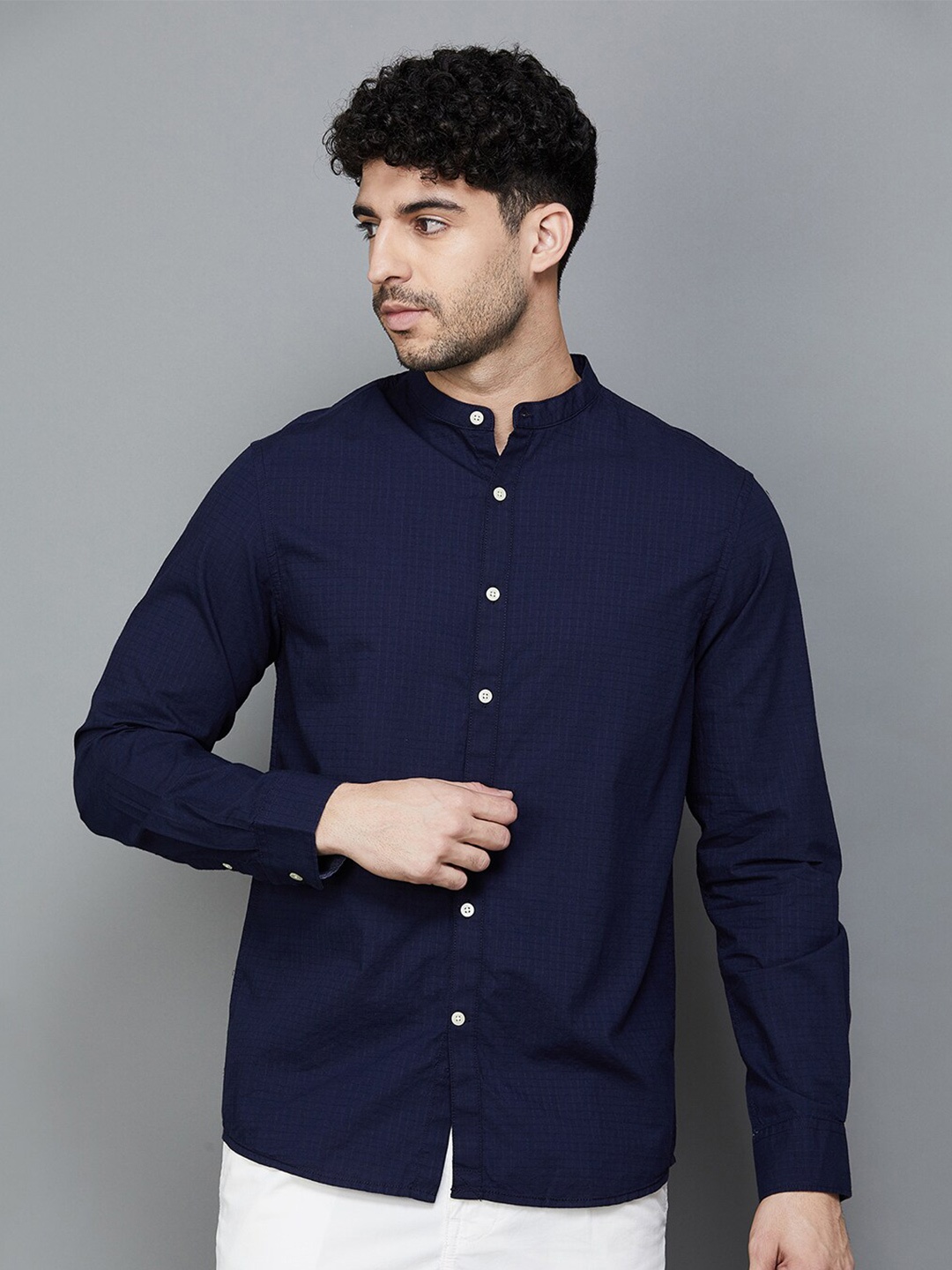 

Melange by Lifestyle Micro Checked Mandarin Collar Opaque Cotton Casual Shirt, Blue