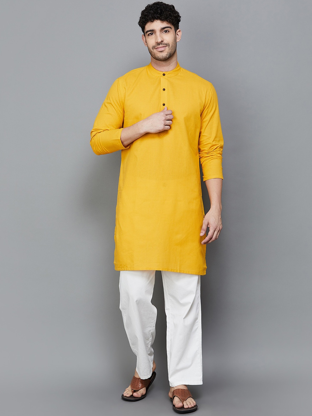 

Melange by Lifestyle Woven Design Mandarin Collar Straight Kurta, Yellow