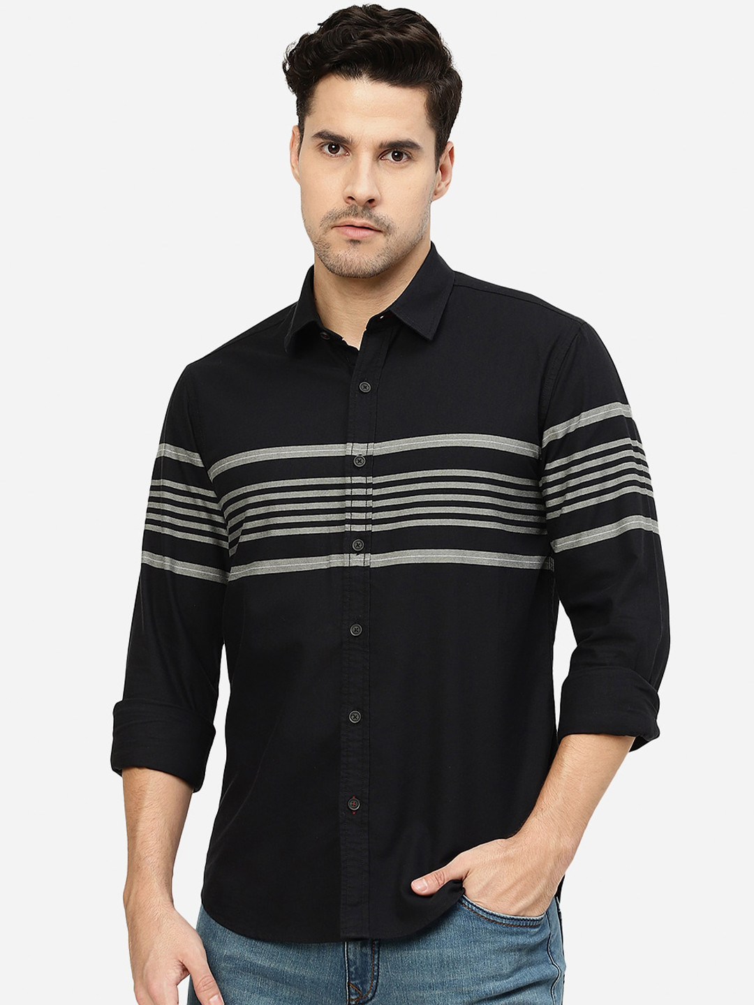 

Greenfibre Horizontal Stripes Printed Casual Cotton Shirt, Black