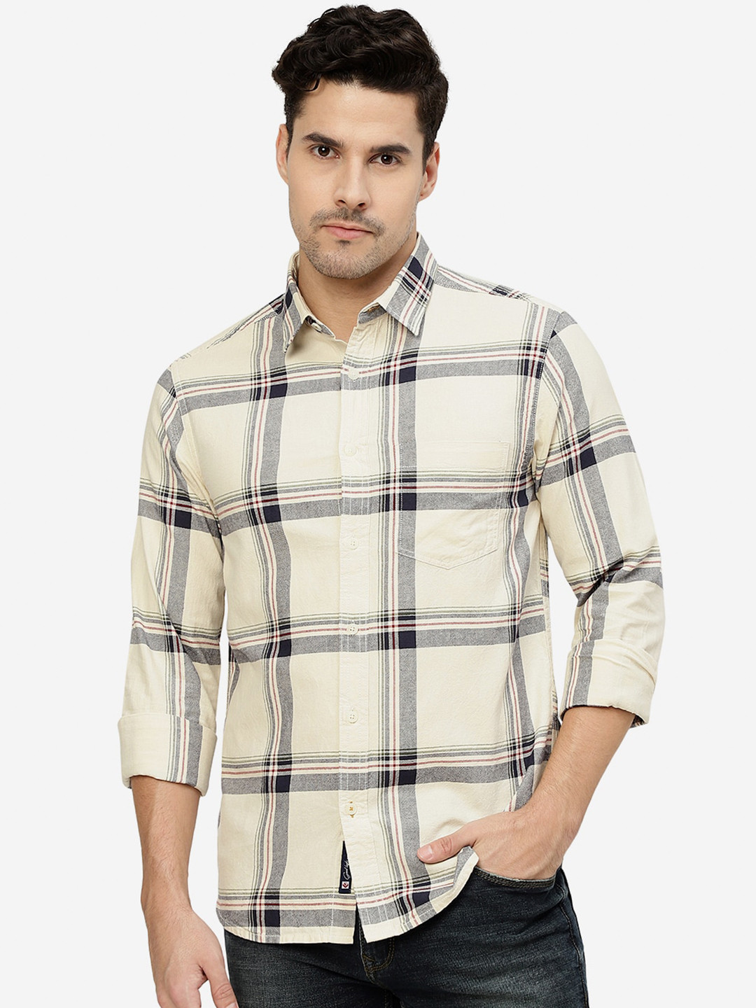 

Greenfibre Checked Curved Hemline Casual Cotton Shirt, White