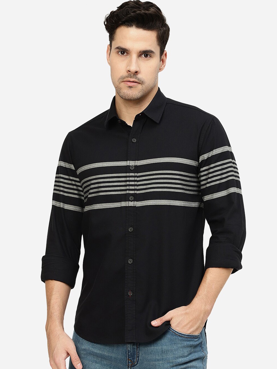 

Greenfibre Horizontal Stripes Printed Casual Cotton Shirt, Black