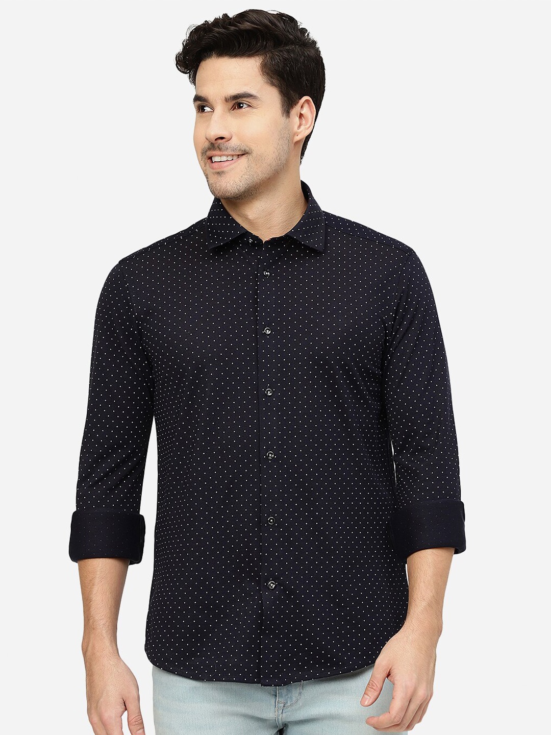 

JB STUDIO Polka Dots Printed Slim Fit Casual Shirt, Blue