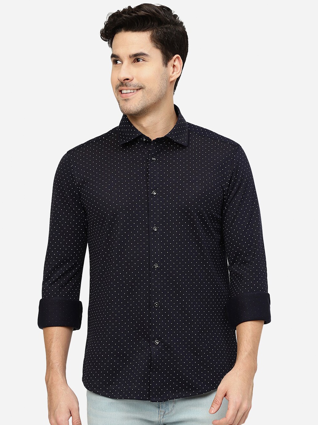 

JB STUDIO Slim Fit Opaque Polka Dots Printed Cotton Shirt, Navy blue