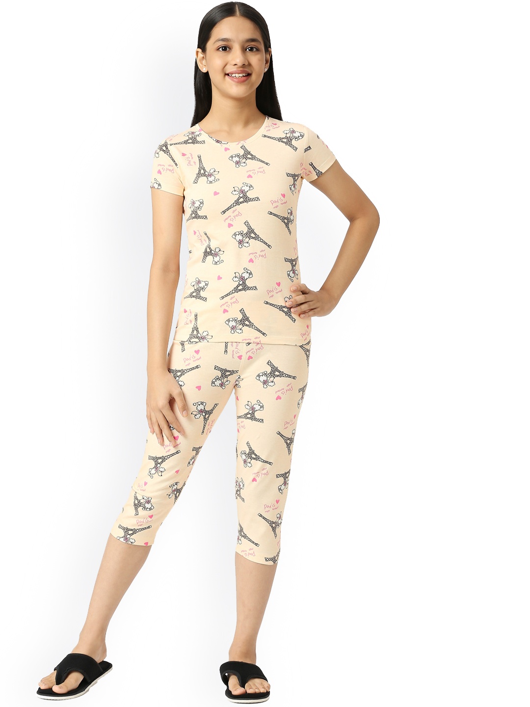 

SINI MINI Girls Conversational Printed Pure Cotton T-shirt With Capris, Beige
