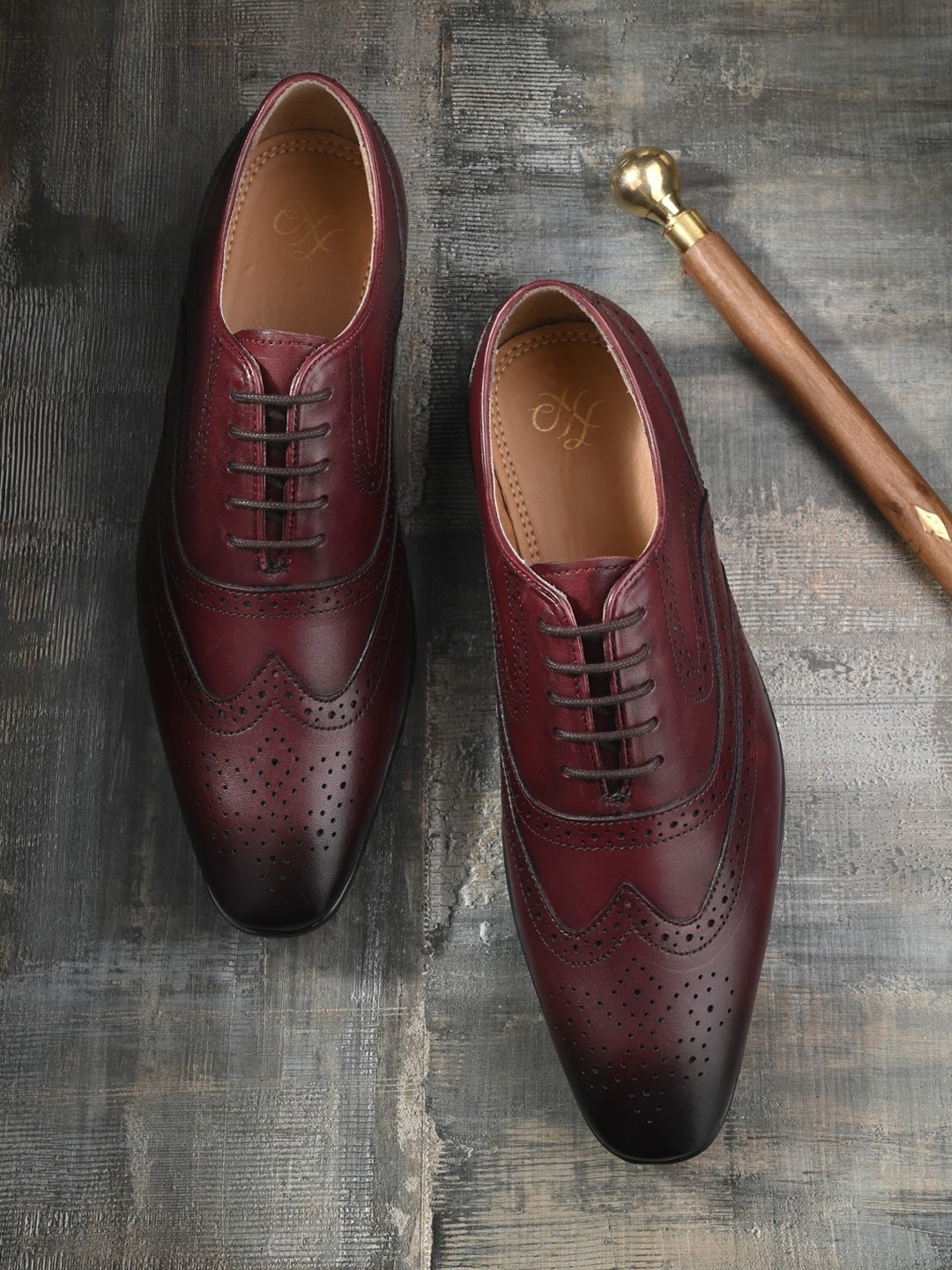 

House of Pataudi Men Perforated Leather Formal Brogues, Maroon