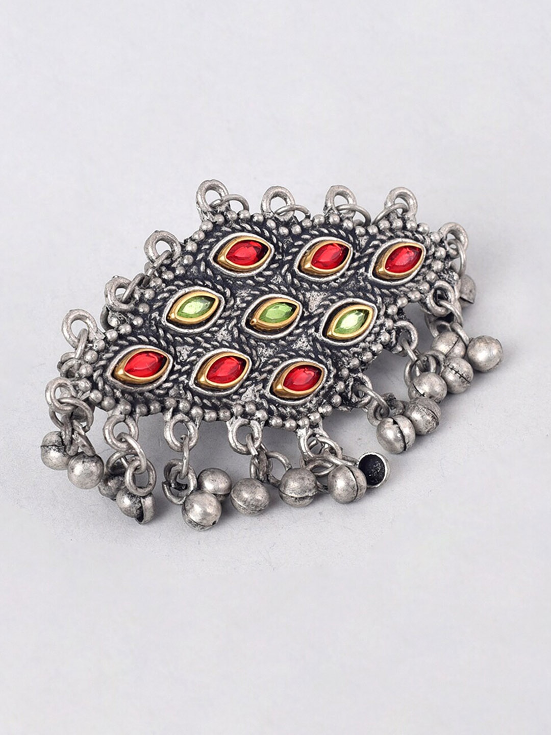 

Phuljhadi Silver-Plated Stone-Studded & Beaded Oxidised Ring