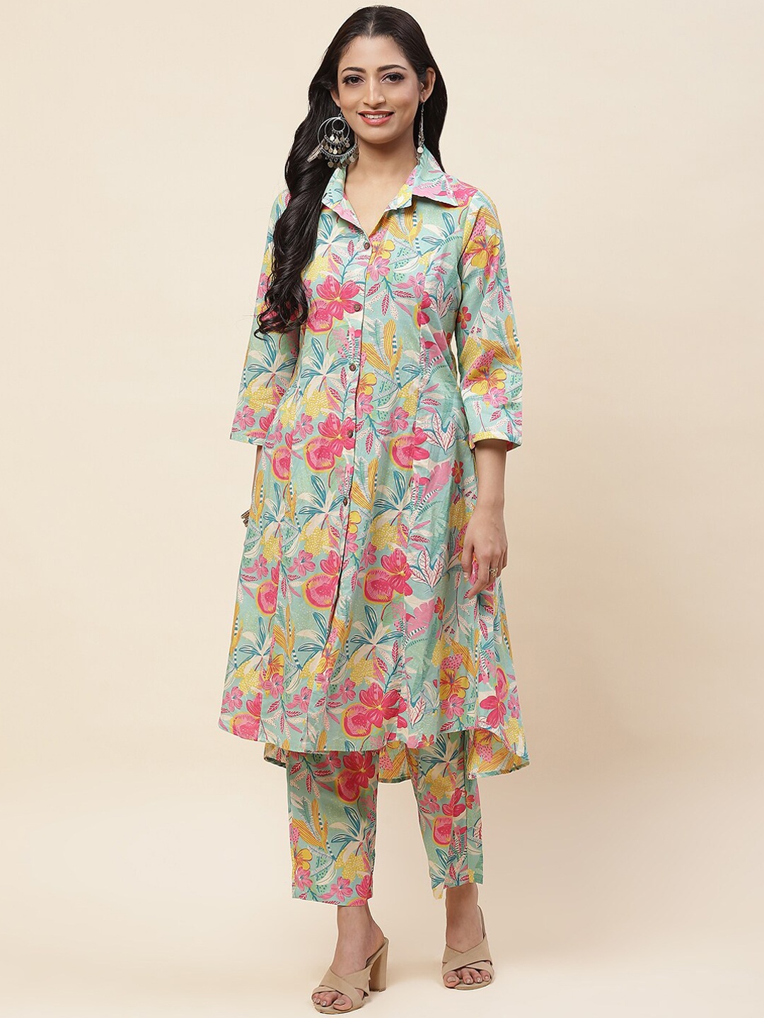 

Meena Bazaar Floral Printed Shirt Collar A-Line Straight Kurta with Trousers, Sea green