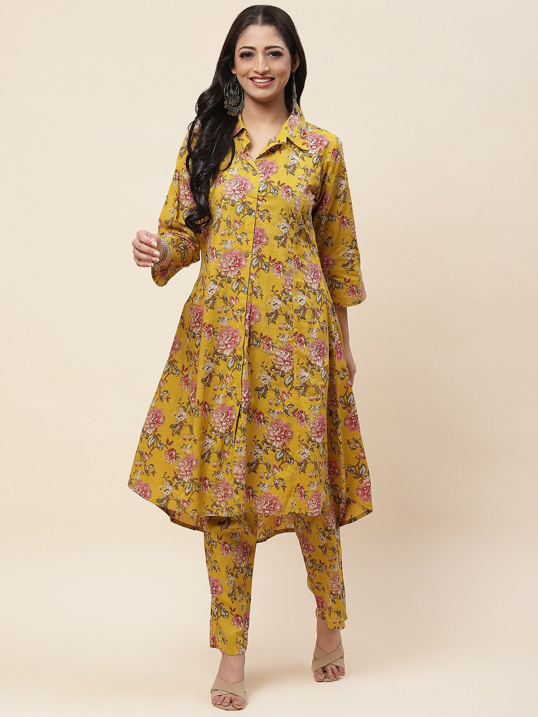 

Meena Bazaar Floral Printed Shirt Collar A-Line Straight Kurta with Trousers, Mustard