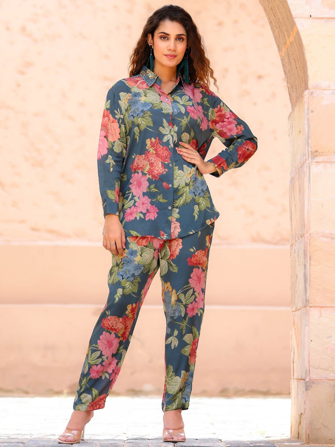 

Meena Bazaar Floral Printed Shirt & Trouser, Blue