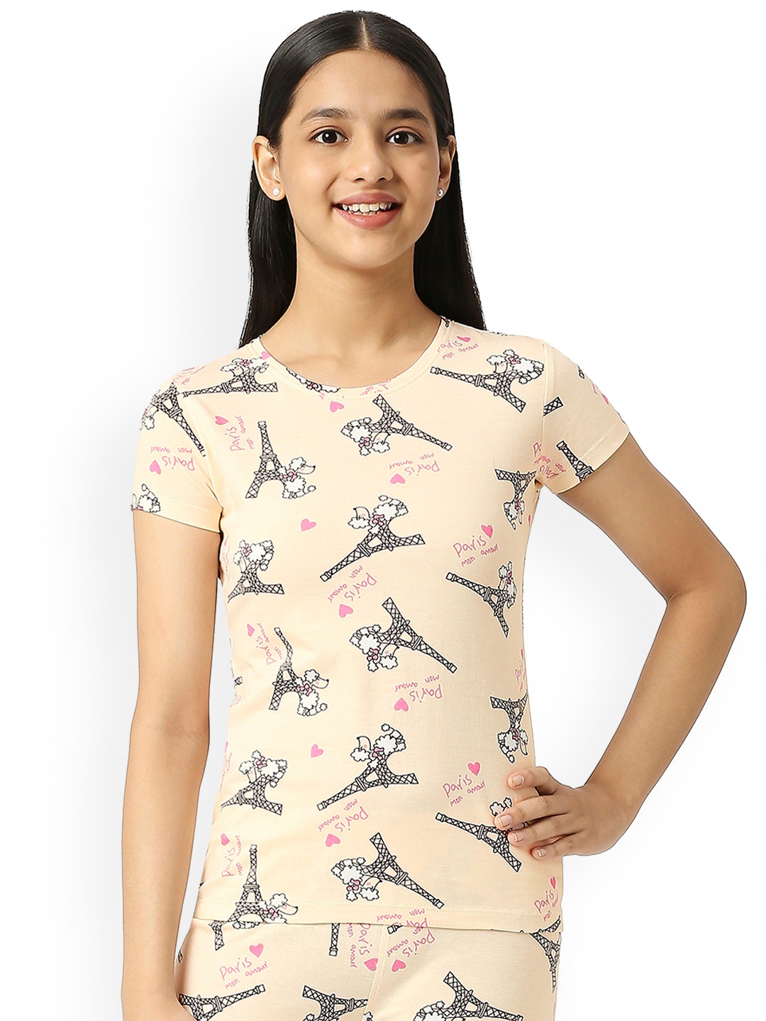 

SINI MINI Girls Printed Pure Cotton Lounge Tshirts, Beige