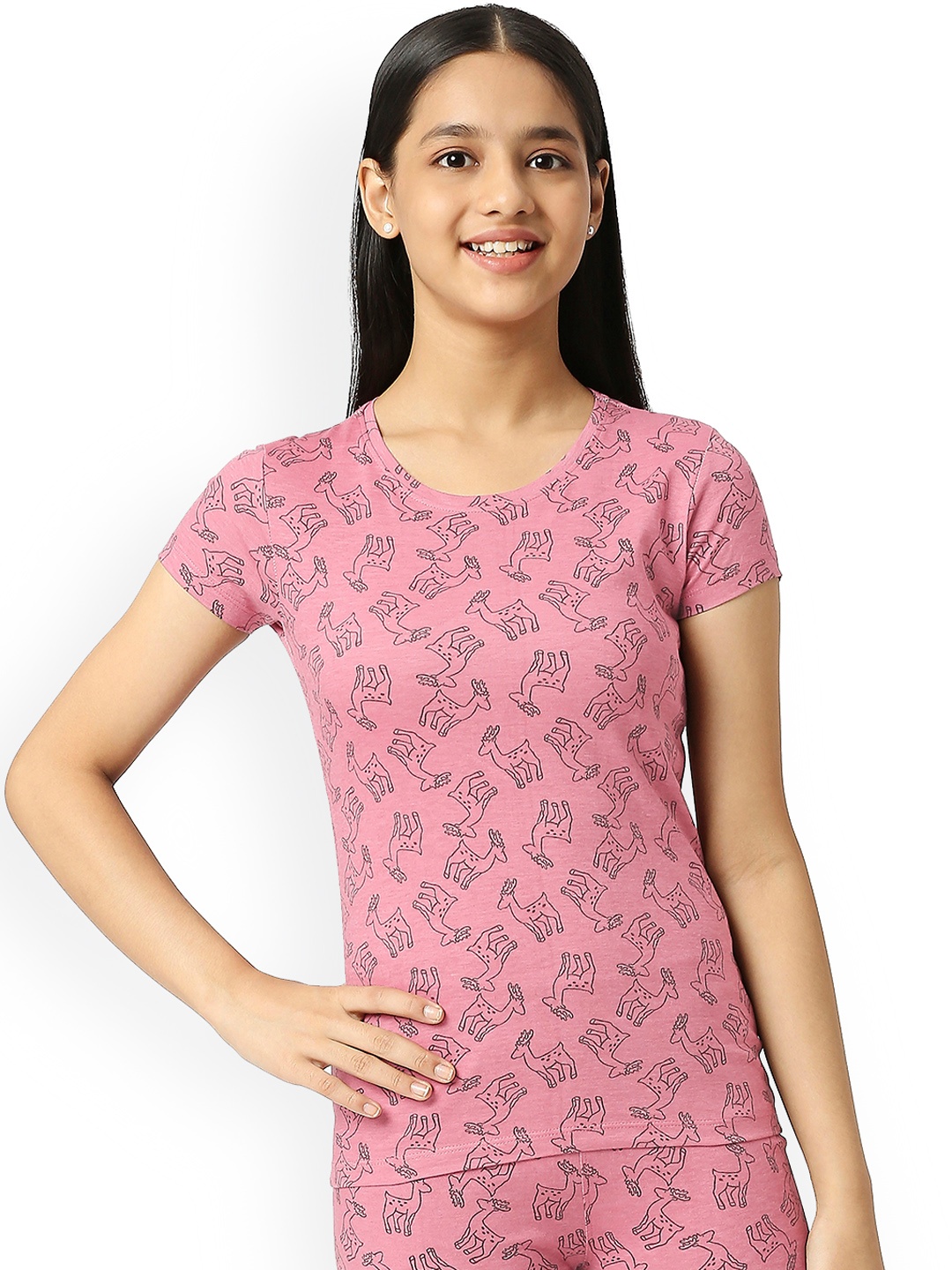 

SINI MINI Girls Printed Pure Cotton Lounge Tshirt, Pink