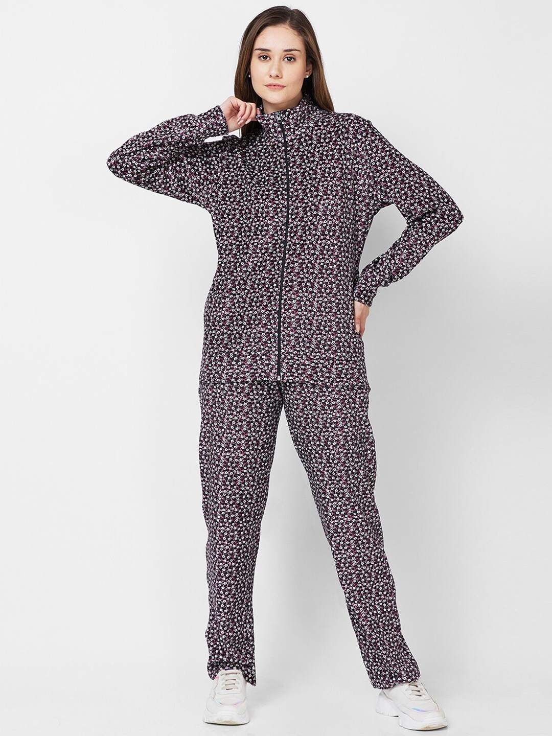 

XIN Black Floral Printed Mock Collar Tracksuit