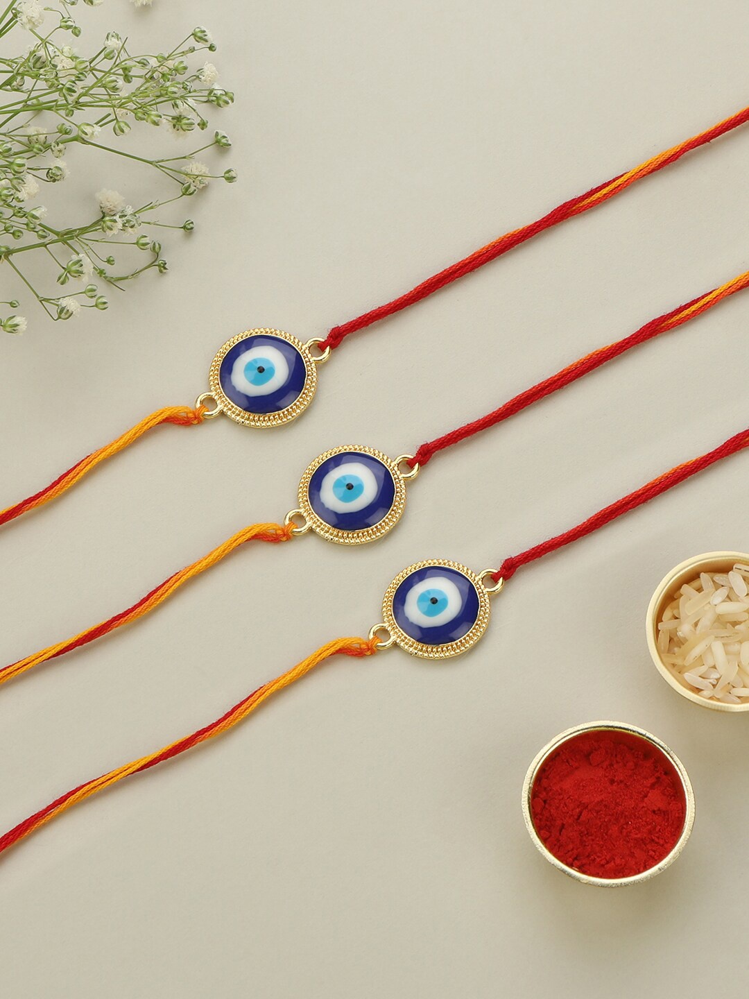 

AccessHer Set Of 3 Evil-Eye Rakhi With Roli Rice & Greeting Card, Red