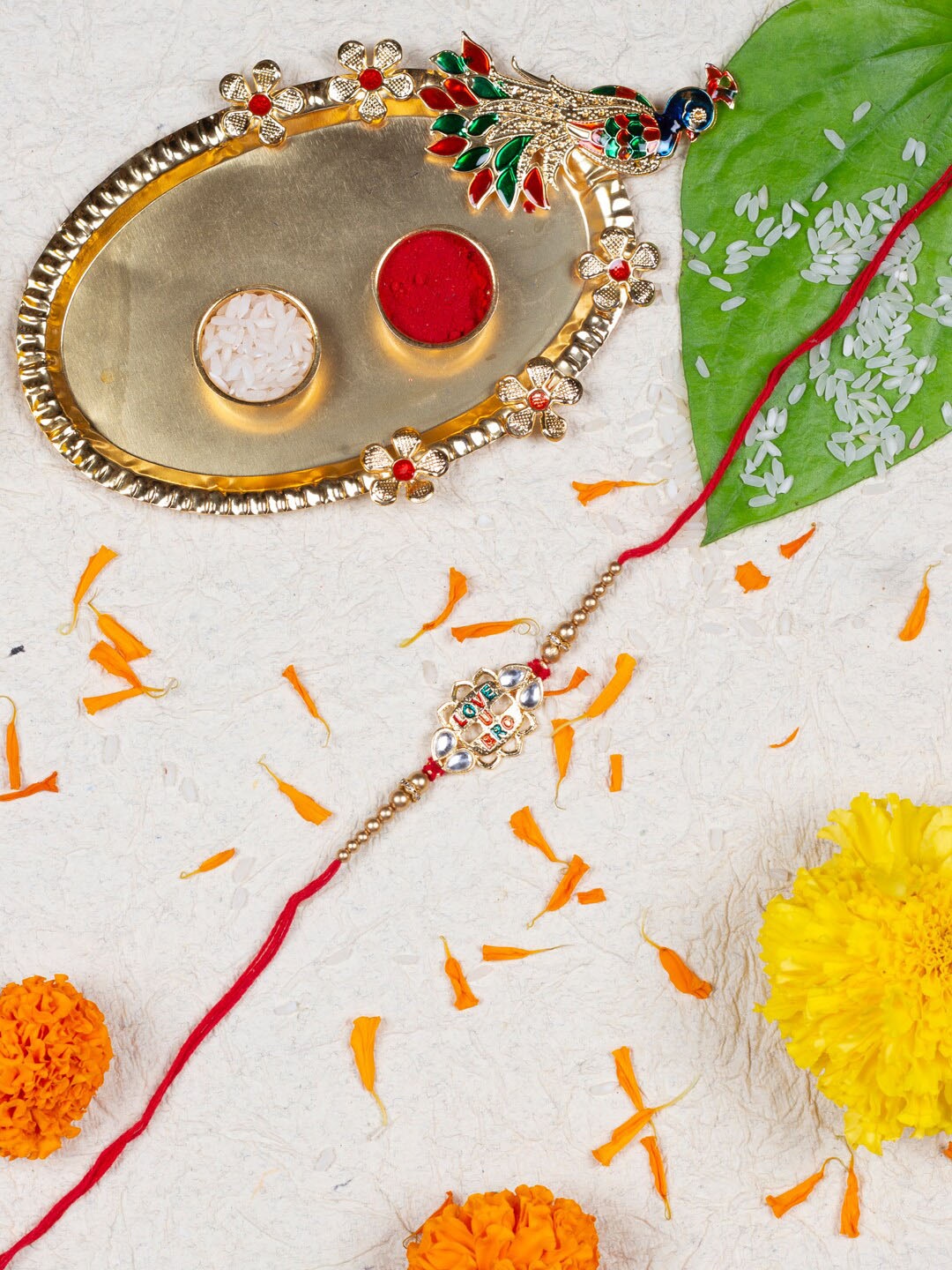 

AccessHer Stone-Studded & Beaded Rakhi With Roli Rice & Greeting Card, Red