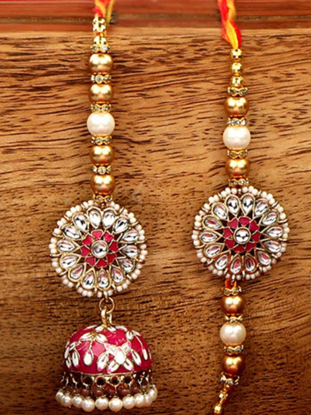 

AccessHer Set Of 2 Stone-Studded & Beaded Enamel Rakhis With Roli Rice, Gold