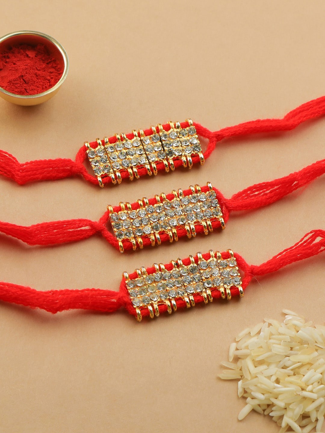 

AccessHer Set of 3 Rhinestone-Studded Thread Rakhis With Roli Rice & Greeting Card, Red