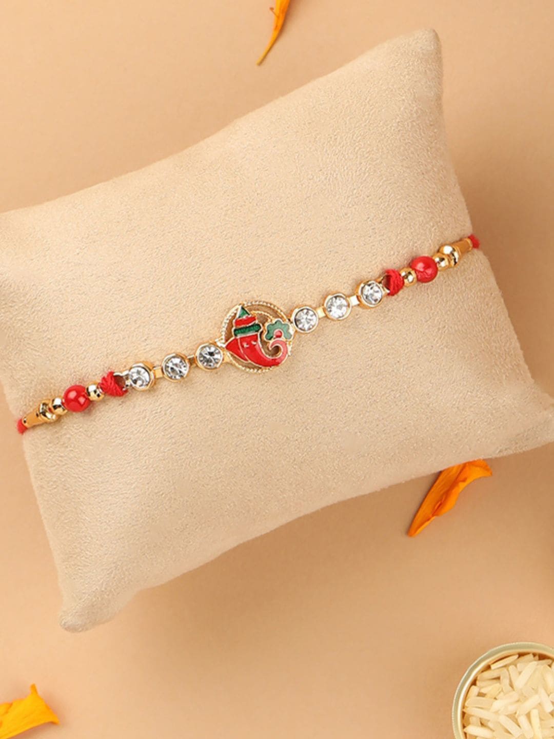 

AccessHer Set Of 3 Om & Ganesha Charm Rakhis With Roli Chawal, Red